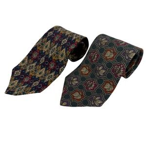 Valentino 60" Silk Ties Mens Vintage Made in Italy Teal Leaf Geometric‎ Lot of 2